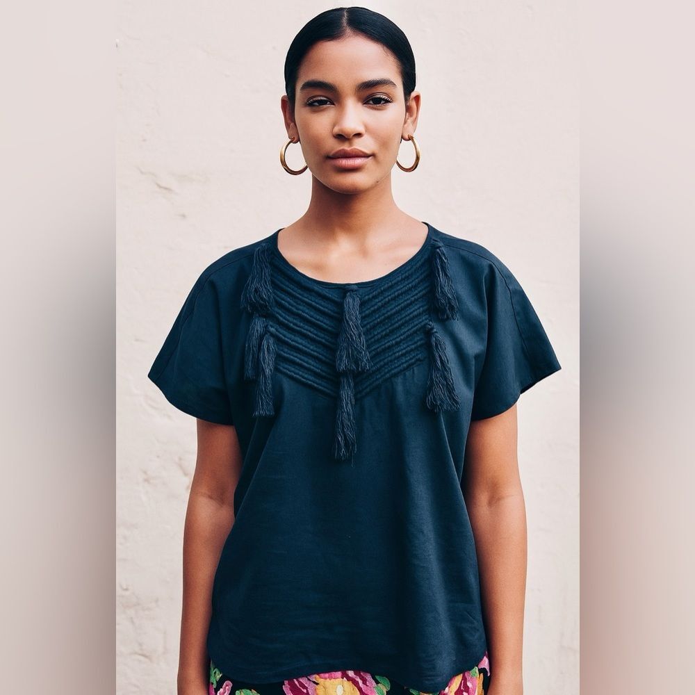 Figue Fringe Details Cotton Short Sleeve Top in Navy XXS